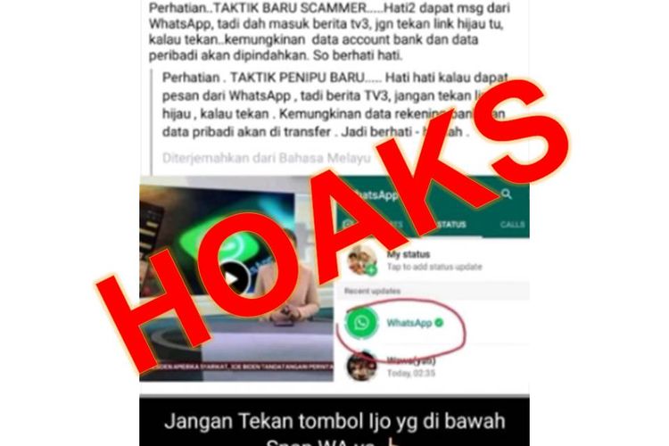 Tangkapan layar unggahan hoaks yang menyebut jika notifikasi status dari Whatsapp pada pengguna aplikasi Whatsapp adalah penipuan.
