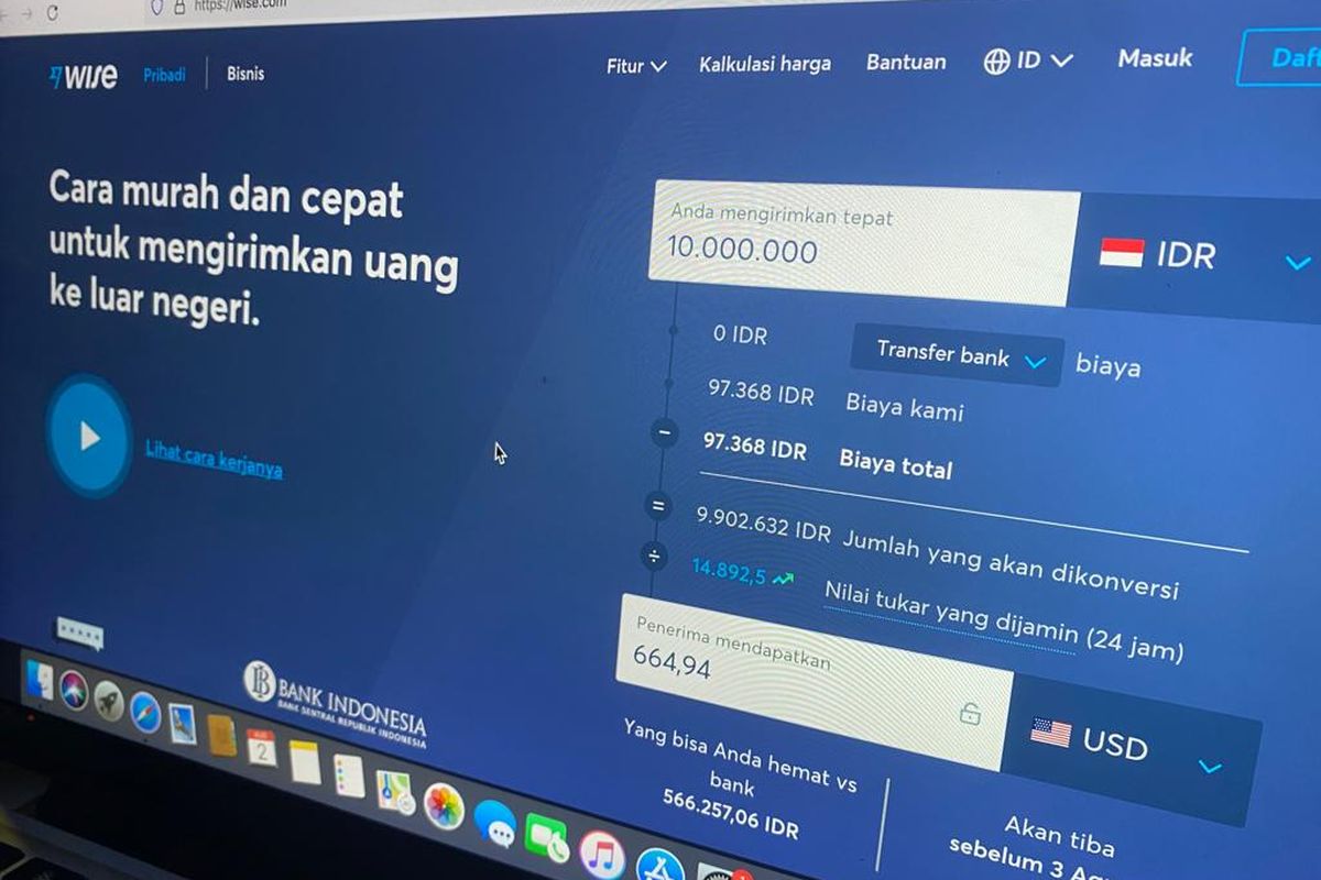 Tampilan situs web layanan transaksi luar negeri Wise