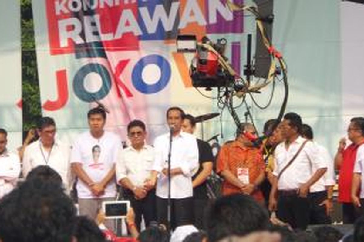 Presiden Joko Widodo dalam acara Jambore Komunitas Juang Relawan Jokowi di Bumi Perkemahan Cibubur, Jakarta, Sabtu (16/5/2015).