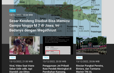 Berita terpopuler Tren hingga Rabu (14/12/2022) pagi adalah soal sesar Kendeng yang disebut dapat memicu gempa hingga magnitudo 7 di Jawa.
