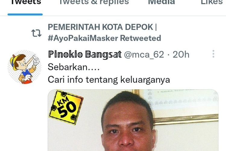 Akun Twitter resmi Pemerintah Kota Depok, Jawa Barat, terpantau me-retwit unggahan soal kasus penembakan terhadap enam laskar Front Pembela Islam (FPI) di KM 50 Tol Jakarta-Cikampek.