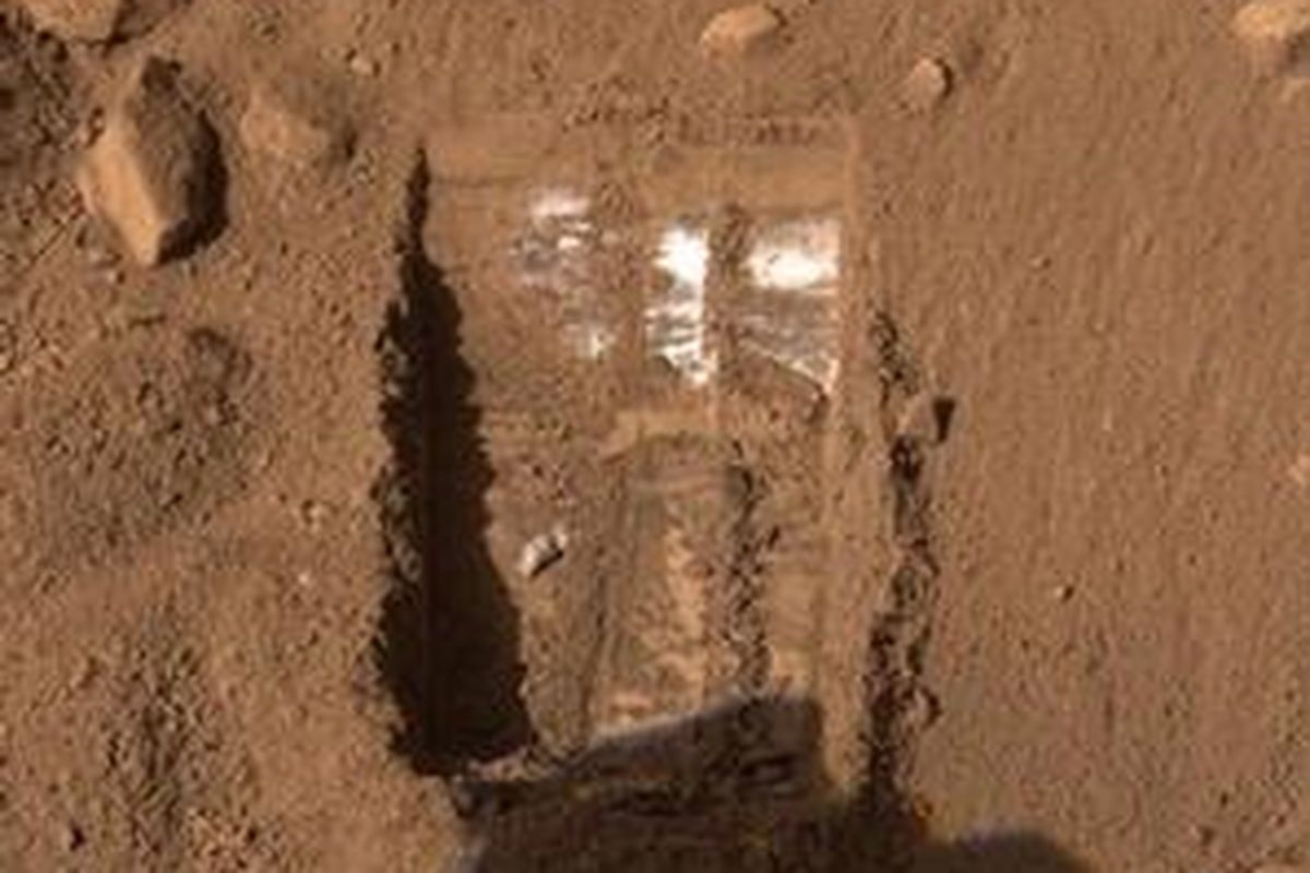Foto rekaman kamera Surface Stereo Imager yang dibawa wahana Phoenix Mars Lander menunjukkan bagian tanah yang berwarna putih di bagian atas lokasi pengerukan yang disebut Dodo dan Goldilocks.