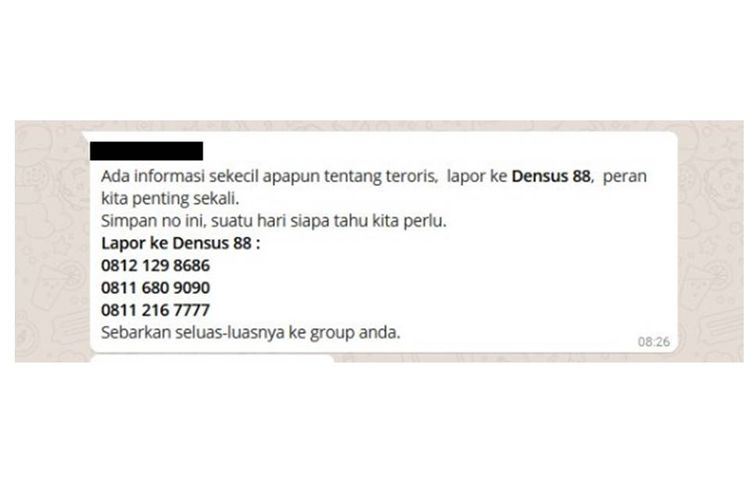 HOAKS: pesan berantai yang menyebutkan nomor telepon Densus 88 yang bisa dihubungi 