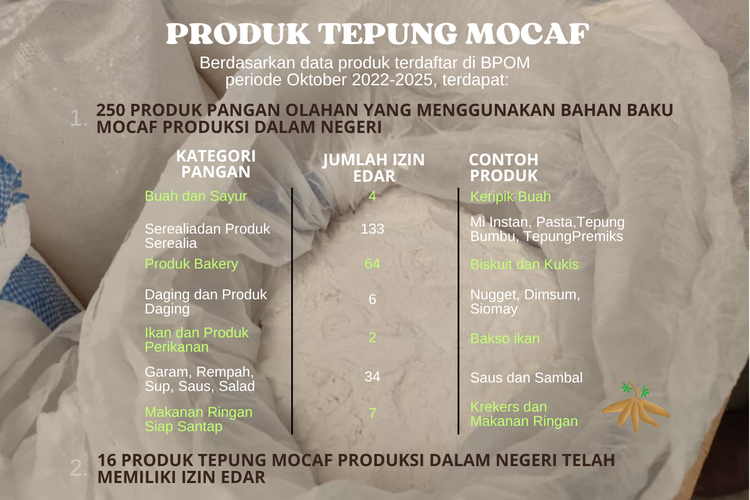 Tabel Produk Tepung Mocaf yang Terdaftar BPOM. Keterangan foto: Penampakan tepung mocaf yang diproduksi oleh kelompok Tani Sumber Rejeki di Desa Petir, Purwanegara, Banjarnegara, Jawa Tengah, dengan memanfaatkan singkong dari petani lokal.