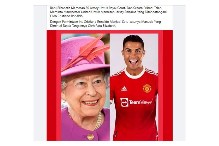 Sebuah informasi menyebut Ratu Elizabeth memesan jersey Cristiano Ronaldo di MU