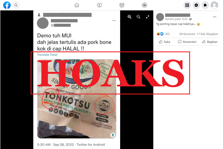 Tangkapan layar unggahan hoaks di sebuah akun Facebook, Kamis (29/9/2022), mengenai MUI memberi label halal produk rasa kaldu tulang babi.