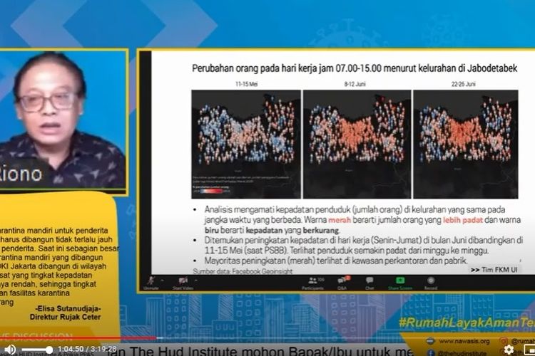 Bahan paparan ahli epidemiologi dari Fakultas Kesehatan Masyarakat Universitas Indonesia (FKM UI) Pandu Riono mengenai kepadatan penduduk di tengah Jakarta pada masa PSBB transisi.