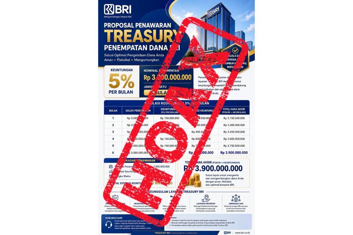 BRI memastikan Program Treasury BRI yang saat ini beredar melalui media sosial dan aplikasi percakapan tersebut bukan merupakan produk ataupun layanan resmi perseroan.