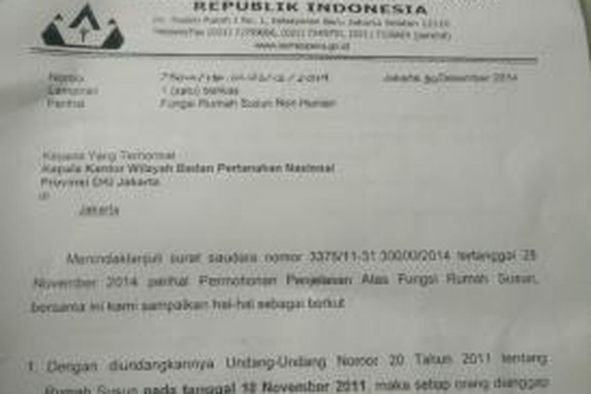 Salinan surat yang dikeluarkan Kepala Biro Hukum dan Kepegawaian Kementerian Perumahan Rakyat.