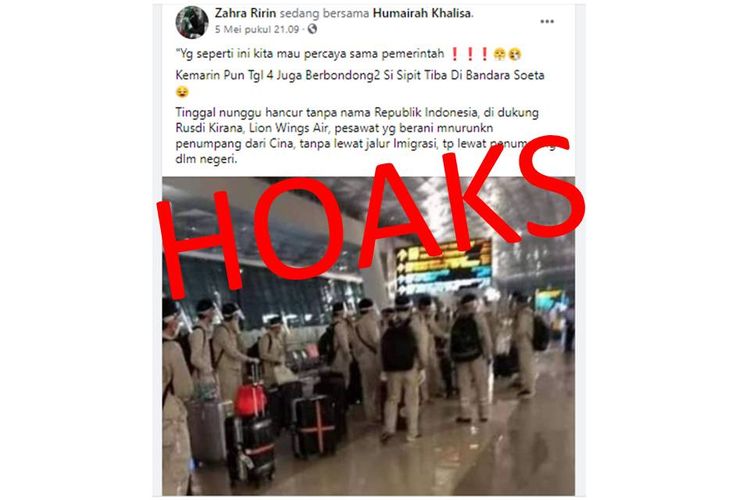 Tangkapan layar unggahan hoaks soal warga China yang masuk ke Indonesia.