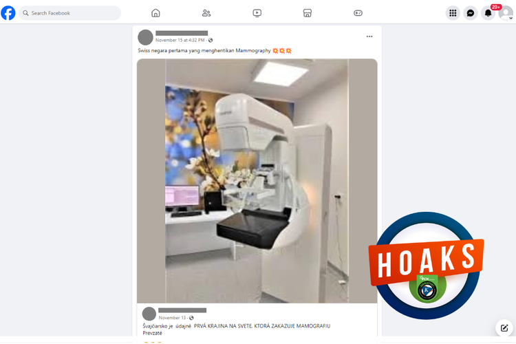 Tangkapan layar konten hoaks di sebuah akun Facebook, 15 November 2023, yang menyebutkan Swiss merupakan negara pertama yang menghentikan penggunaan mamografi.