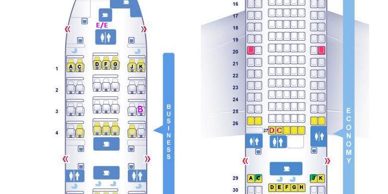 Peta kursi B777-200 MH370, B: posisi duduk penumpang Rusia yang dekat dengan E/E bay, CD: posisi penumpang berpaspor Ukraina yang dekat dengan instalasi Satcom.