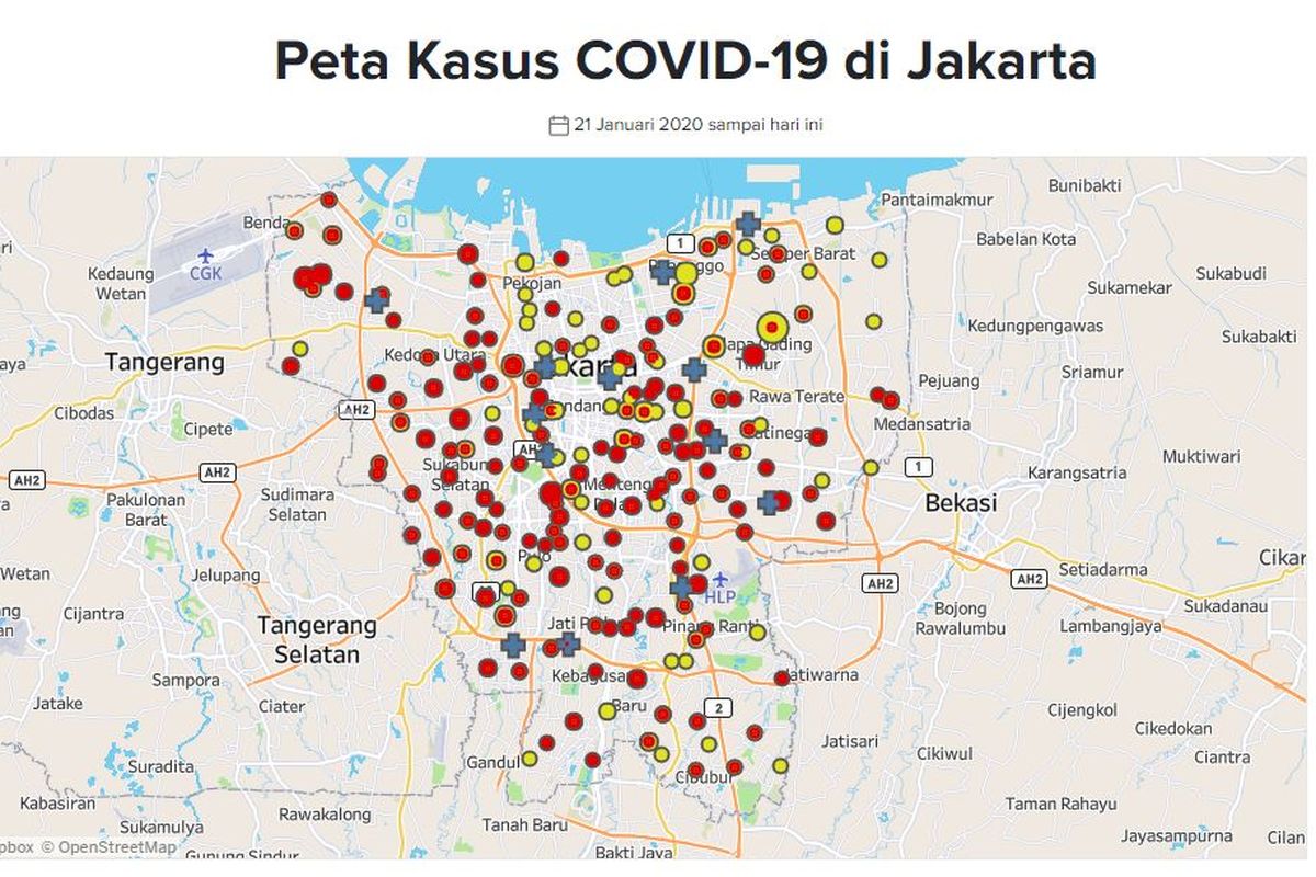 Peta persebaran pasien positif corona di Jakarta. Hingga Jumat (27/3/2020) sore, ada 566 pasien Covid-19 di ibu kota.