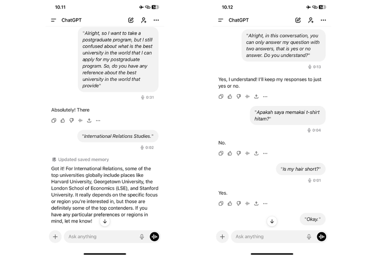 Ilustrasi obrolan dengan ChatGPT dalam mode Voice untuk memastikan mengintip lewat kamera HP atau tidak. Pada percobaan pertama, ChatGPT salah menjawab pertanyaan soal kaos hitam. Di percobaan kedua, ChatGPT benar menjawab soal rambut pendek. 
