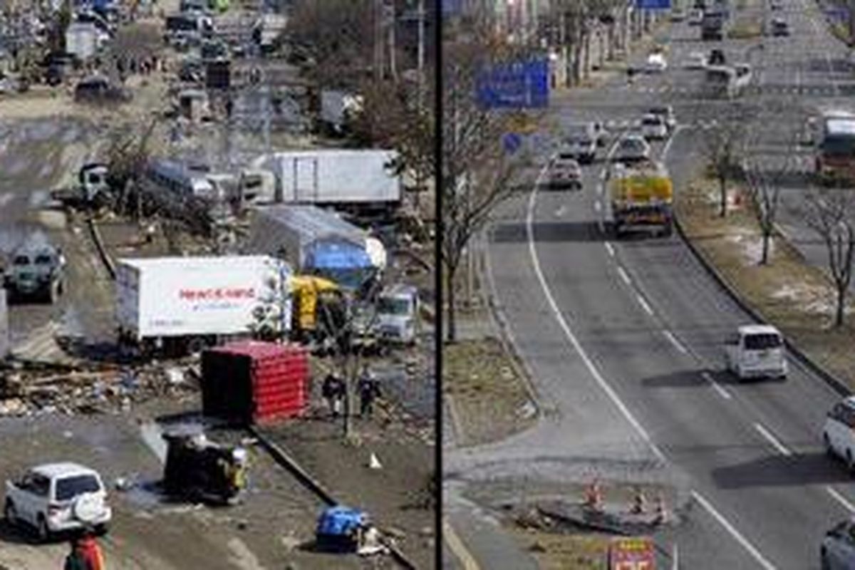 Foto dari kota Tagajo di Prefektur Miyago, Jepang, yang secara kontras menampilkan kekacauan setelah bencana dengan kondisi setahun kemudian di lokasi yang sama.