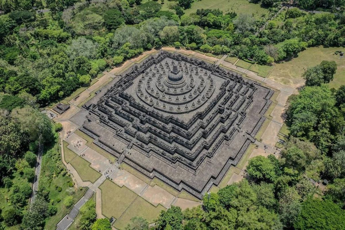 An aerial view of the centuries-old Borobudur Temple in Central Java. 