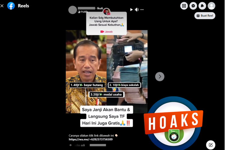 Tangkapan layar unggahan dengan narasi hoaks di sebuah akun Facebook, Rabu (2/1/2023), soal video Reels Jokowi menjanjikan uang melalui WhatsApp.