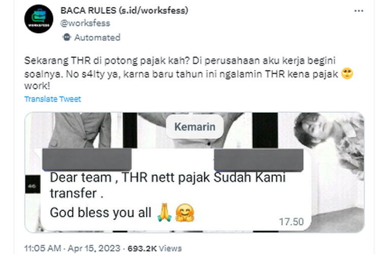 Tangkapan layar twit soal THR kena potong pajak