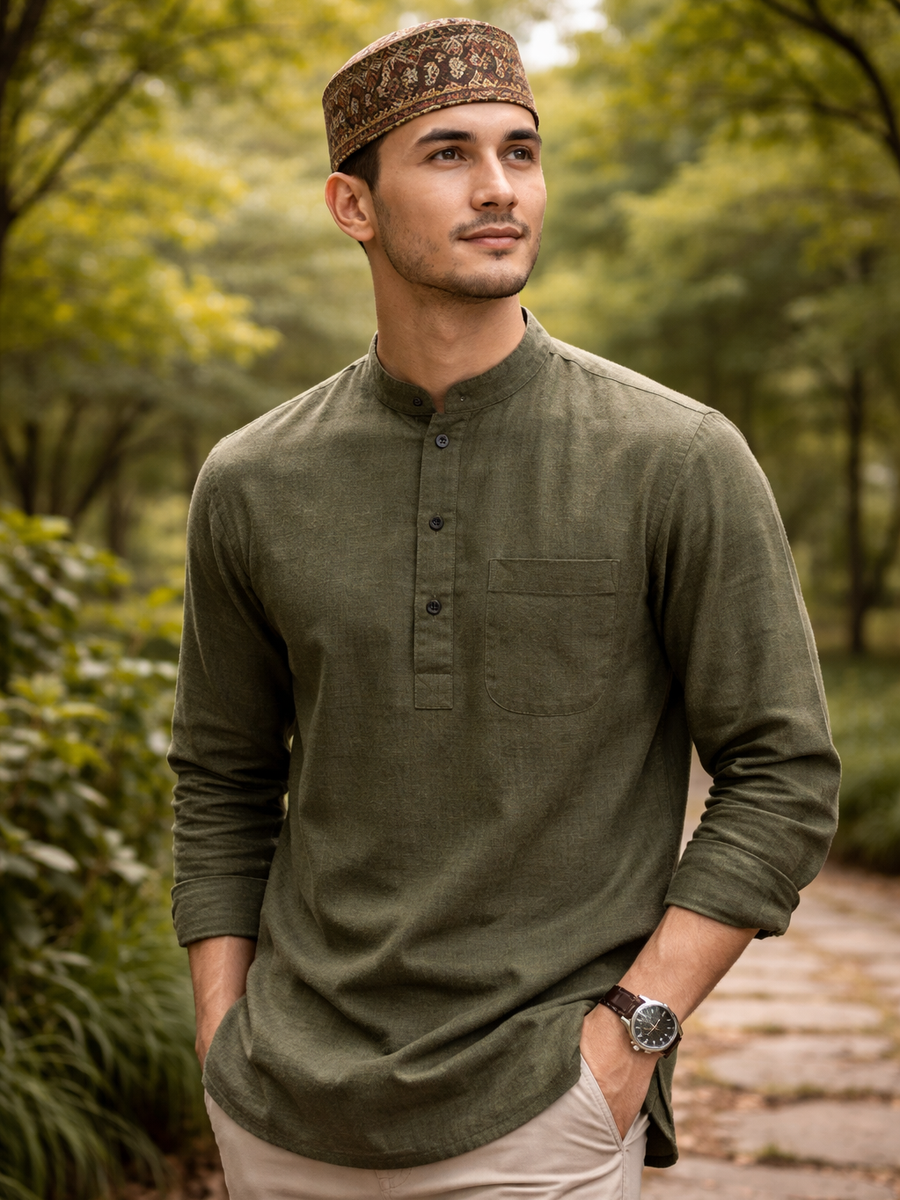 Inspirasi outfit pria muslim April 2026: Warna Earth Tone yang Hangat dan Elegan.