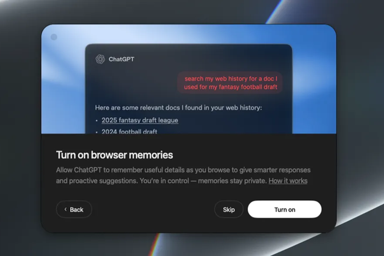 Dengan fitur ini, browser bakal mengingat aktivitas yang pernah dilakukan pengguna saat menjelajahi internet. Misalnya, Atlas bakal bakal ingat halaman web yang pernah dikunjungi, perbandingan harga yang pernah dilakukan, hingga catatan yang dibuat pengguna.
