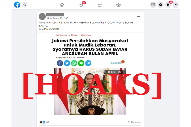 Tangkapan layar artikel mencatut Kompas.com berisi pernyataan Jokowi tentang membayar angsuran sebagai syarat mudik di sebuah akun Facebook.