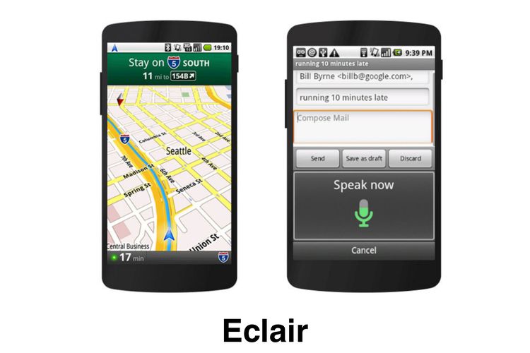 Tampilan Google Maps dan speech-to-text pada Android Eclair.