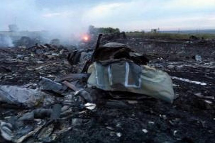 Puing pesawat Malaysia Airlines yang membawa 295 orang penumpang dari Amsterdam ke Kuala Lumpur yang jatuh di Kota Shaktarsk, timur Ukraina, Kamis (17/8/2014).