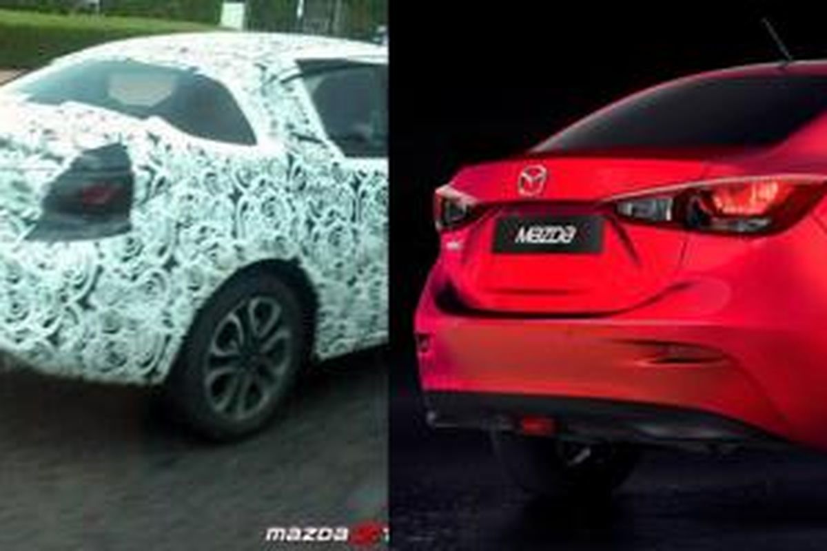 Mazda2 sedan sedang dites dalam stiker kamuflase. Gurat desainnya mirip rendering yang mencuat beberapa waktu lalu.