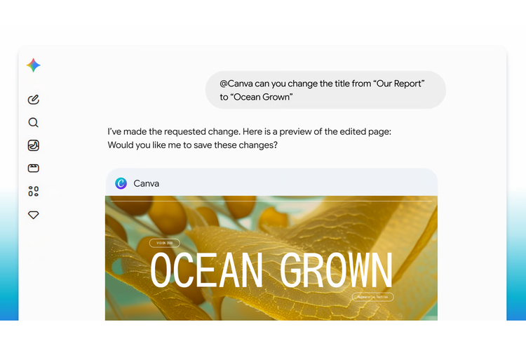 Pengguna kini bisa membuat, mengedit, mencari, hingga mengubah desain Canva langsung lewat percakapan/chat di Gemini tanpa harus membuka aplikasi Canva secara terpisah.
