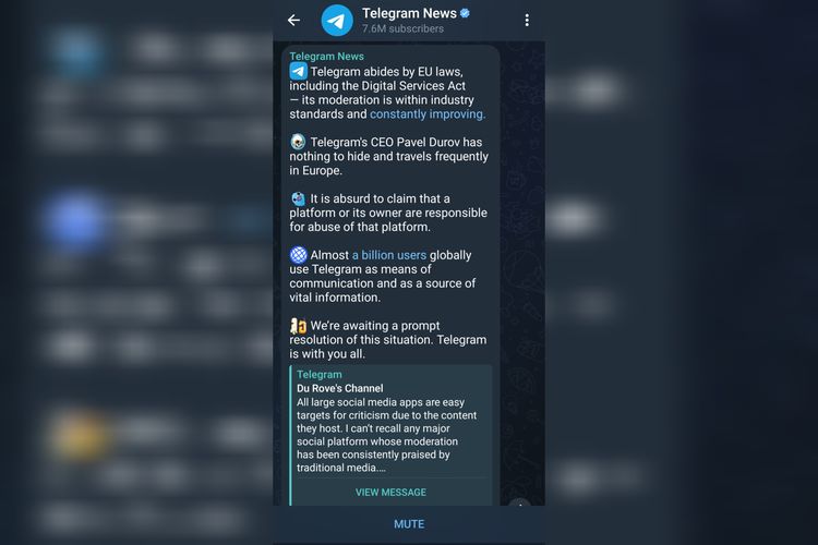 Ilustrasi pernyataan Telegram di kanal Telegram News pada aplikasi Telegram.