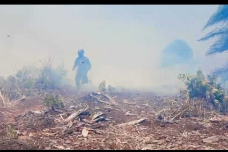 Sertu Fren saat berlari menyelamatkan diri dari kepungan api dan asap karhutla di Kepenghuluan Teluk Nilap, Kecamatan Kubu Babussalam, Kabupaten Rokan Hilir, beberapa waktu lalu.