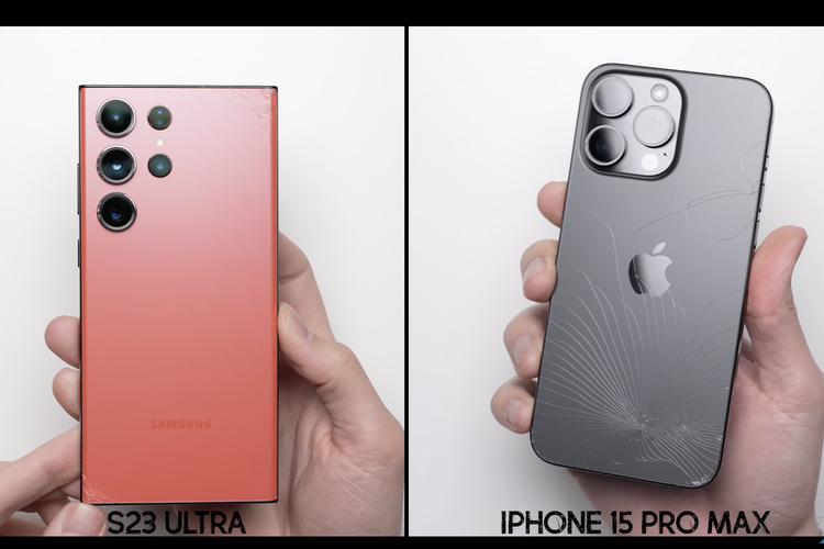 Uji jatuh pertama, menguji ketahanan dari punggung Samsung Galaxy S23 Ultra (kiri) dan iPhone 15 Pro Max (kanan)