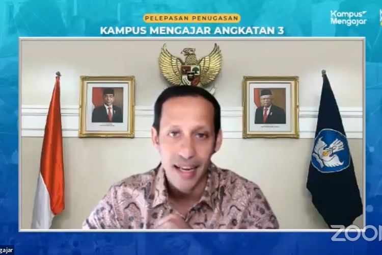 Menteri Pendidikan, Kebudayaan, Riset, dan Teknologi (Mendikbud Ristek) Nadiem Makarim di acara peluncuran program Kampus Merdeka Angkatan Ke-3 secara virtual, Rabu (23/2/2022). Tangkapan Layar Youtube Ditjen Diktiristek 