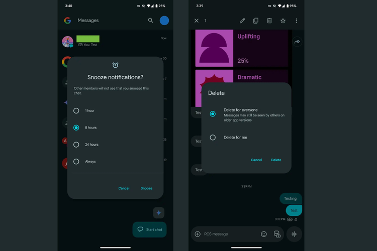 Fitur baru di Google Messages (kiri: Snooze notifications, kanan: Delete for everyone dan Delete for me).