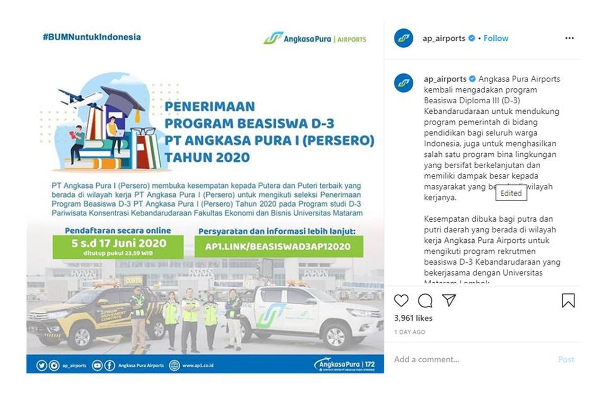 Penerimaan program beasiswa D3 PT Angkasa Pura 1 (Persero) Tahun 2020.