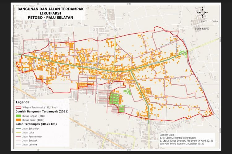 Peta dampak likuefaksi di Petobo, Palu, Sulawesi Tengah.