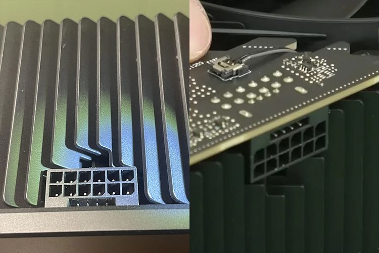 Konektor daya di kartu grafis GeForce RTX 4090 baru kepunyaan pengguna Reddit bernama prackprackprack (kiri) memiliki empat konektor sense pins yang letaknya lebih dalam dibanding GeForce RTX 4090 produksi awal.