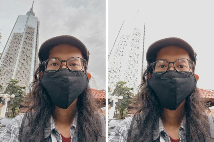 Perbandingan hasil foto selfie dengan fitur HDR (kiri) dan tanpa HDR. Terlihat fitur HDR mampu menampilkan foto subyek dengan latar Menara Kompas dalam kondisi cahaya berlebih. Sementara, tanpa fitur HDR, foto hanya fokus pada subyek dan latar tampak kabur. 
