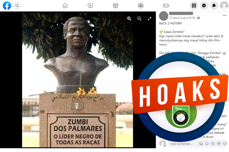 Tangkapan layar unggahan dengan narasi hoaks di sebuah akun Facebook, Sabtu (25/3/2023), soal Gangga Zombie seorang pria keturunan Afrika yang menjadi pahlawan muslim di Brasil.