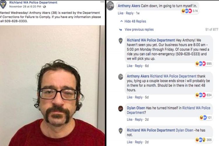 Inilah sebagian percakapan antara buronan bernama Anthony Akers dengan Kepolisian Richland, Amerika Serikat, setelah pengumuman daftar pencarian orangnya diunggah ke Facebook.