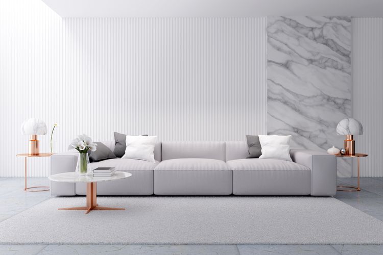 Ilustrasi ruang keluarga dengan dinding batu alam atau marmer, Ilustrasi ruang keluarga bernuasa abu-abu.