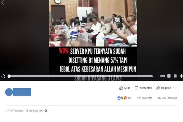 Video di Facebook yang menyebut server KPU telah diatur memenangkan capres dan cawapres tertentu.