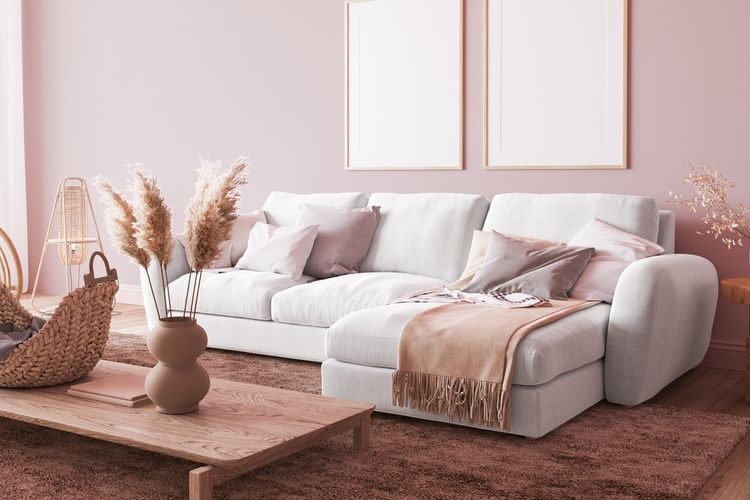 Ilustrasi ruang tamu, ruang tamu minimalis dengan warna cat dinding pink atau merah muda. 