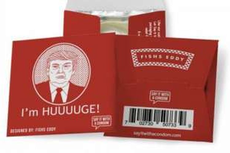 Bungkus kondom yang menggunakan wajah Donald Trump.