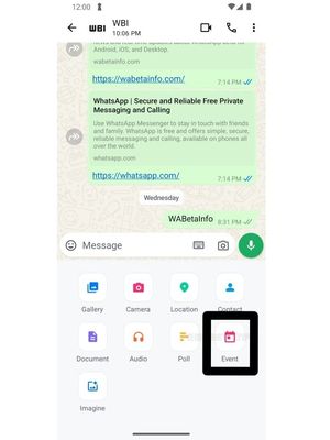 Letak fitur Event dalam chat pribadi WhatsApp