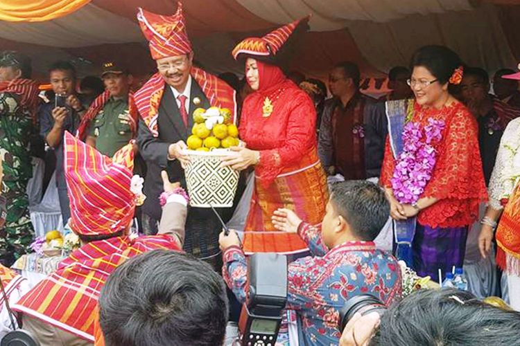 Gubernur Sumatera Utara Erry Nuradi dan  Ketua Tim Penggerak PKK Prov Sumatera Utara Evi Diana Sitorus menerima bunga dan buah hasil pertanian warga Karo, Jumat (7/7/2017)
