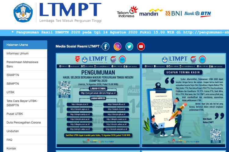 Tangkapan layar web LPMPT mengenai Pengumuman SBMPTN 2020
