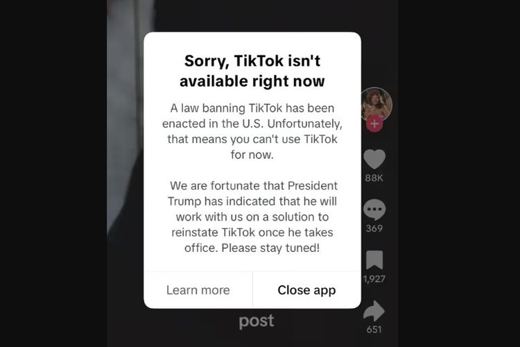 Aplikasi TikTok menampilkan keterangan tidak bisa diakses di Amerika Serikat, Minggu (19/1/2025). 