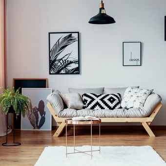 Ilustrasi ruang keluarga bergaya Skandinavia.