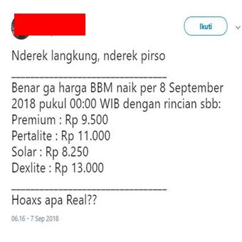 Hoaks terkait harga bahan bakar minyak yang naik.